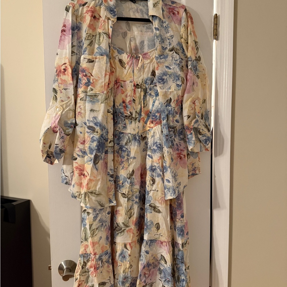 BCX Multicolor Floral Dress with Matching Overshirt